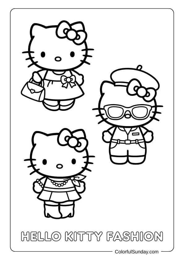 Hello Kitty fashion coloring page with cute outfits