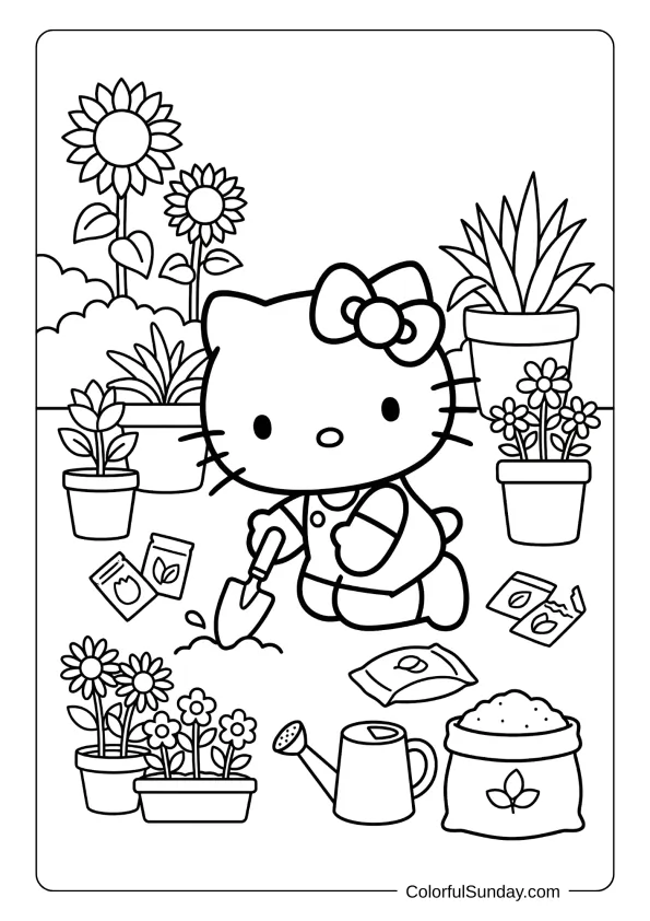 Hello Kitty gardening coloring page with plants