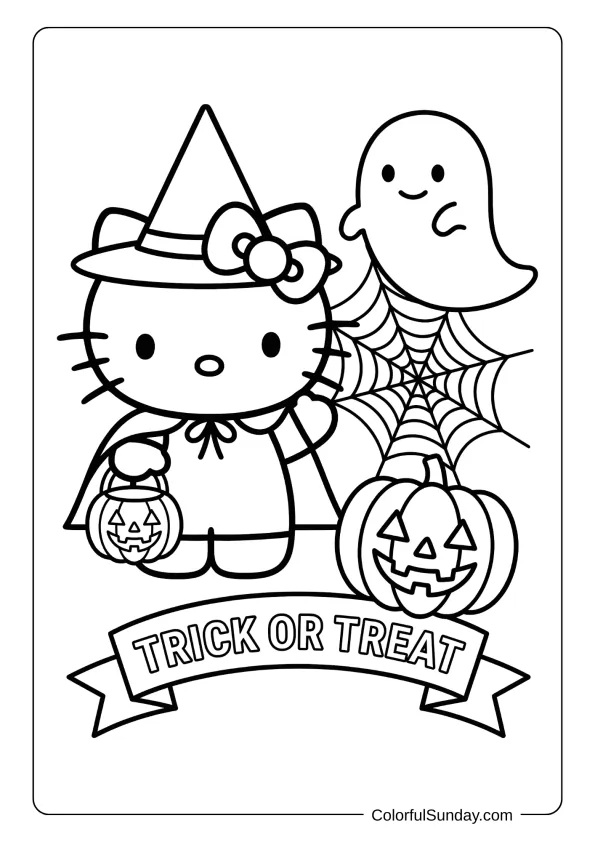 Hello Kitty Halloween coloring page with costumes