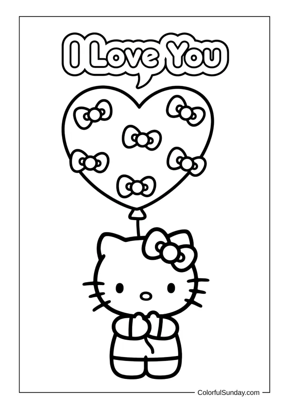Hello Kitty standing with a heart balloon and bow accents saying I love you in a cute coloring page.