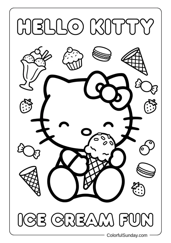 Hello Kitty coloring page with ice cream treats