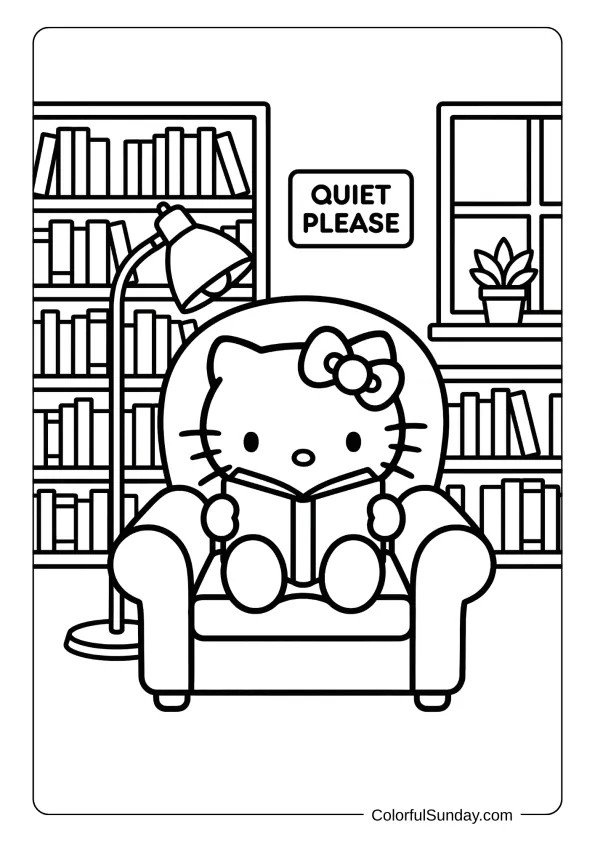 Hello Kitty coloring page with a library setting