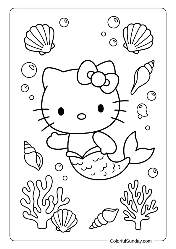 Hello Kitty coloring page featuring a mermaid theme underwater