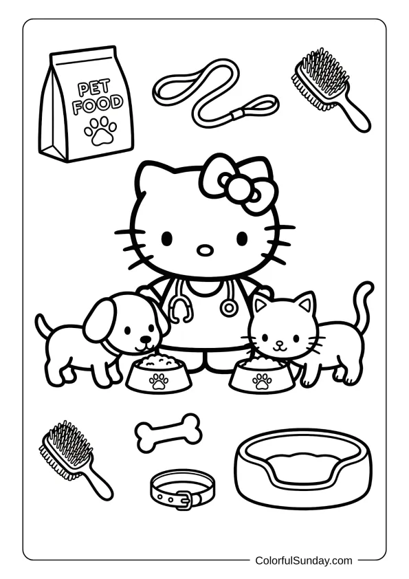 Hello Kitty pet care coloring page