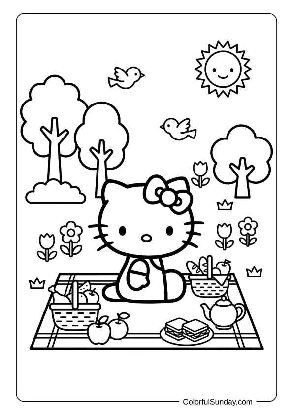 Hello Kitty coloring picture of a fun picnic scene with snacks and nature