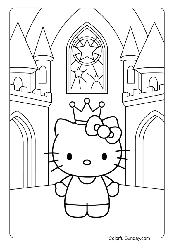 Hello Kitty coloring sheet of a princess in a castle