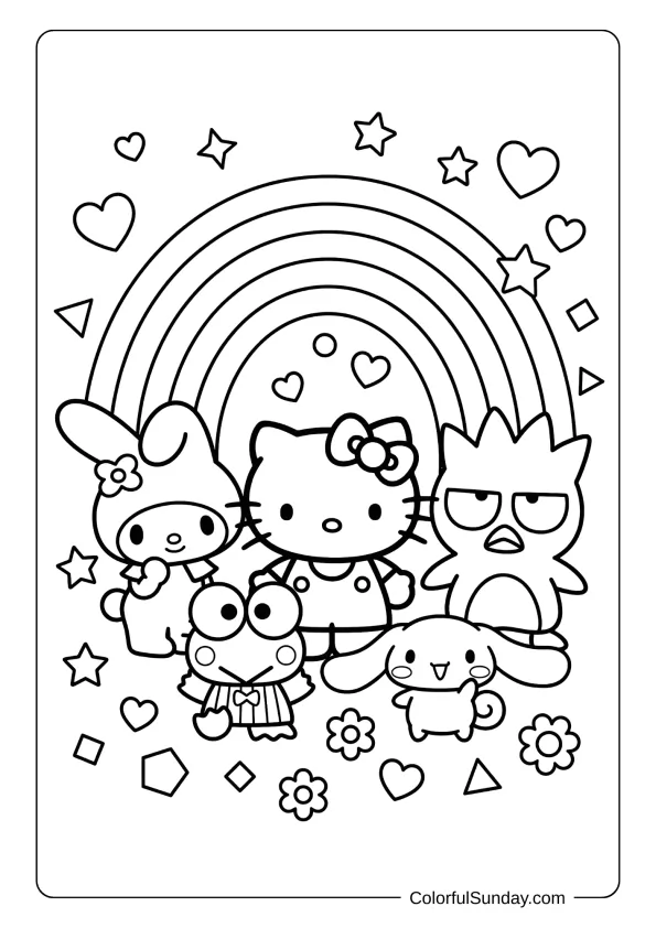 Hello Kitty coloring sheet with a rainbow and friendly characters together