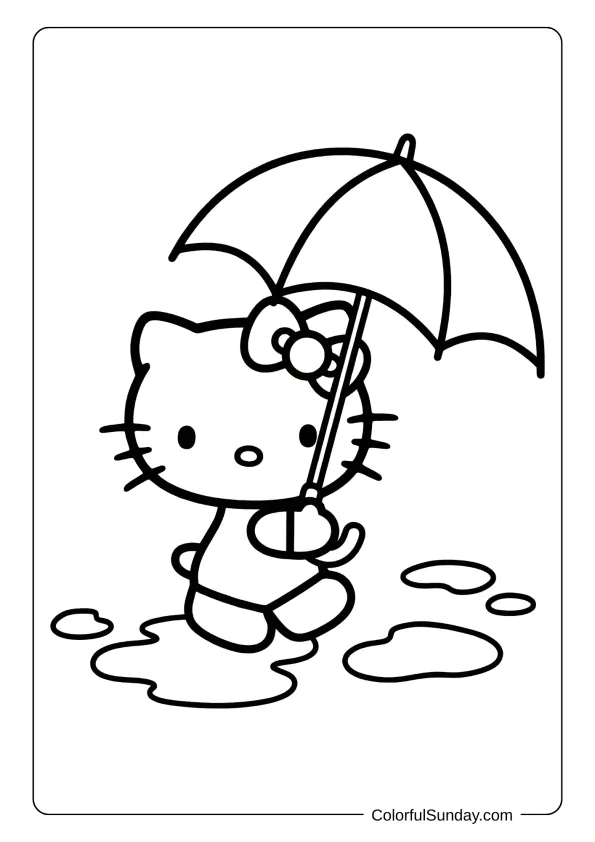 Hello Kitty coloring page showing a rainy day walk