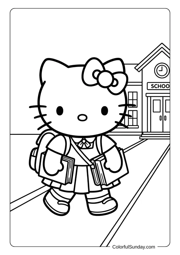 Hello Kitty coloring page showing a cheerful school day scene