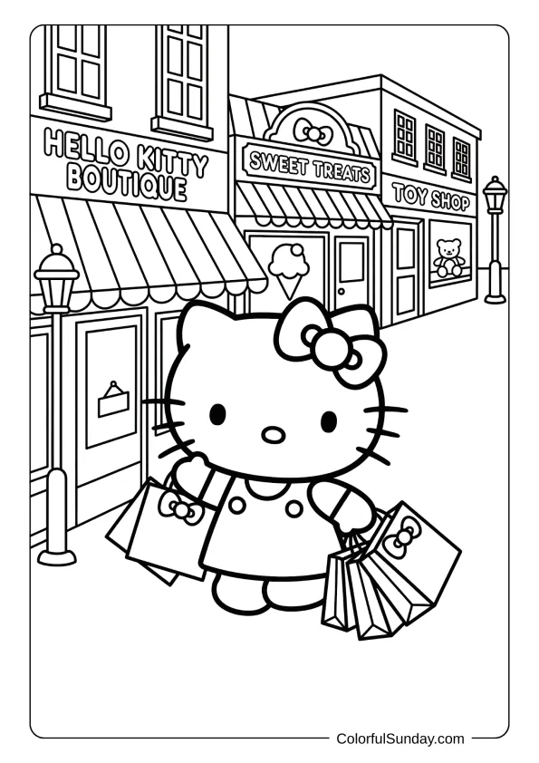Hello Kitty coloring page of a shopping scene