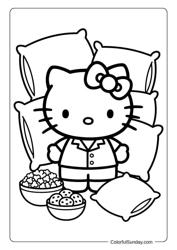 Hello Kitty coloring page of a fun sleepover
