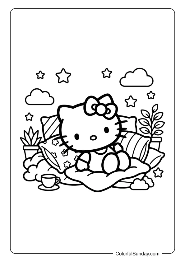 Hello Kitty coloring page of a cozy bedtime scene