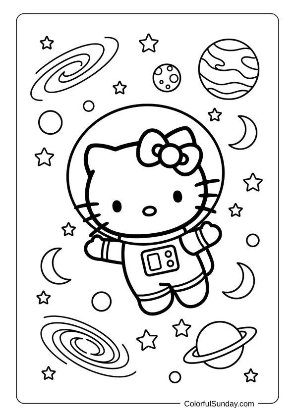 Hello Kitty coloring page featuring a space adventure