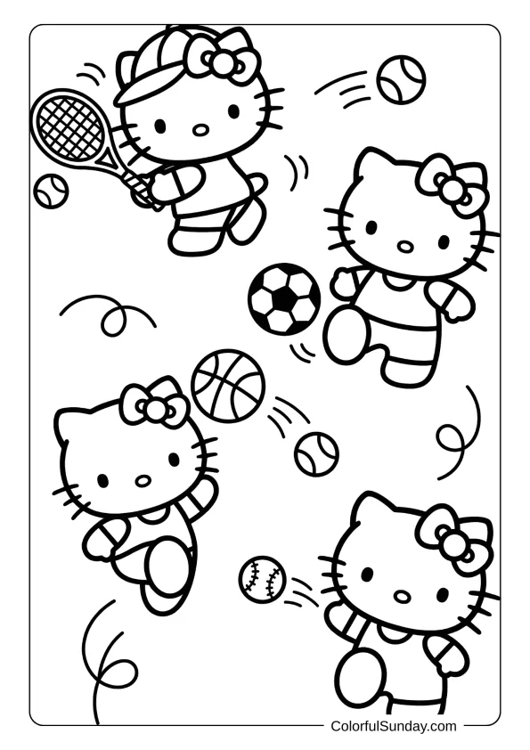 Hello Kitty coloring page featuring fun sports activities