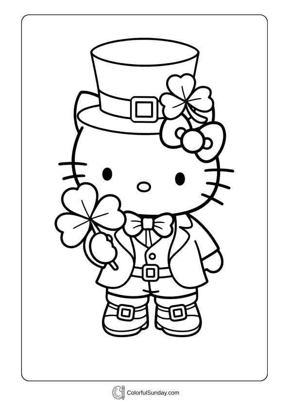 Hello Kitty dressed as a leprechaun holding a pot appears in this St. Patrick’s Day coloring page.