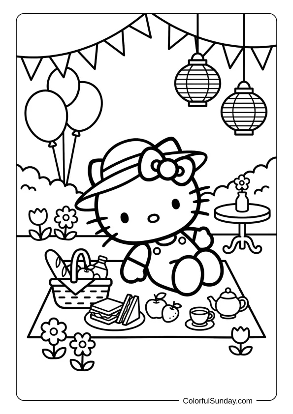 Hello Kitty coloring page of a cheerful summer picnic