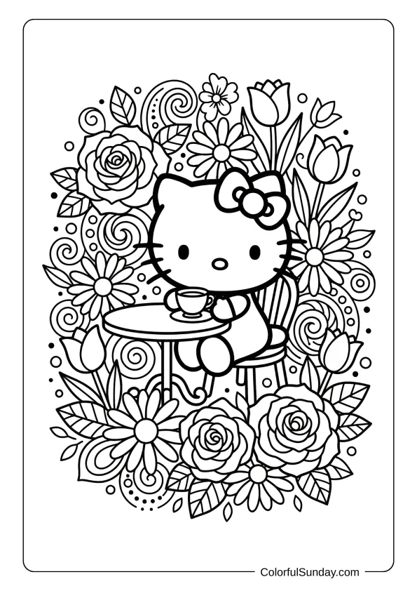 Hello Kitty tea garden coloring page