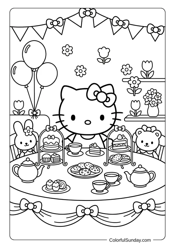 Hello Kitty coloring sheet showing a sweet tea party setup