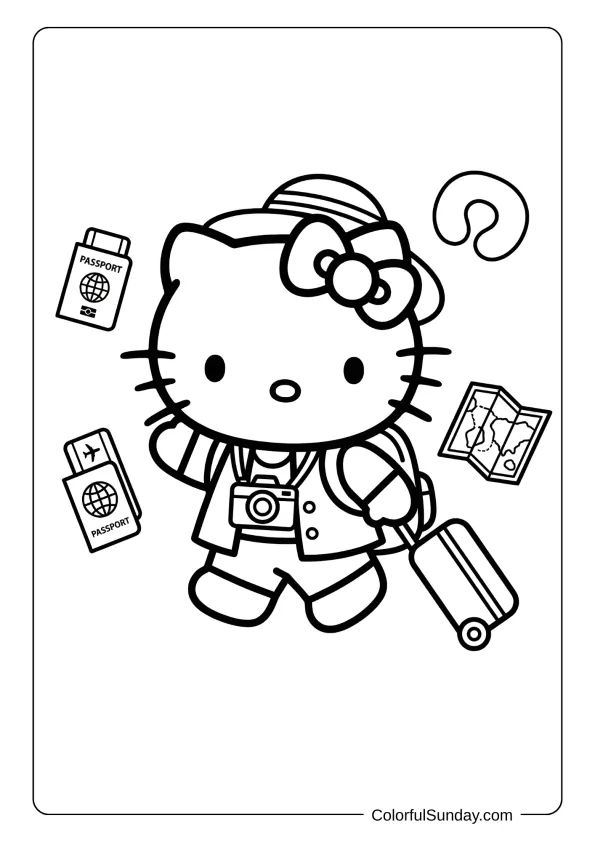 Hello Kitty coloring page featuring a travel theme