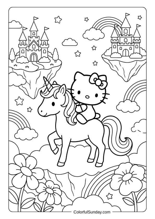 Hello Kitty coloring page with a unicorn in a magical setting