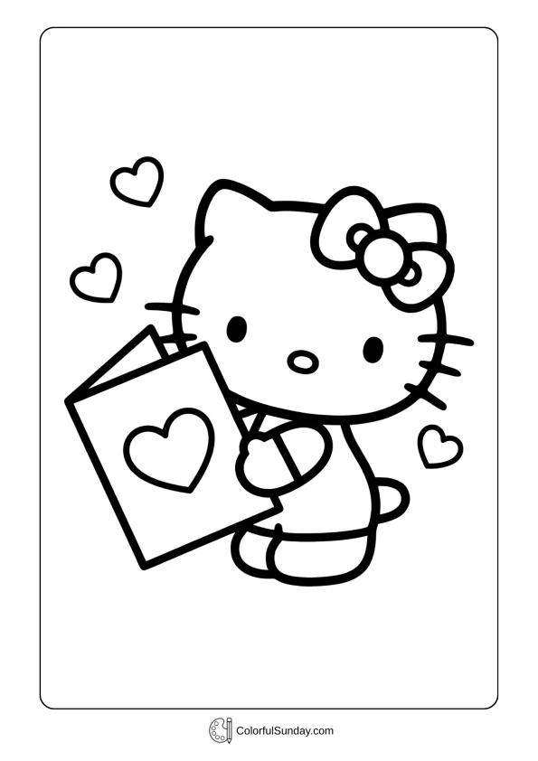 A coloring page of Hello Kitty holding a Valentine card decorated with a heart.