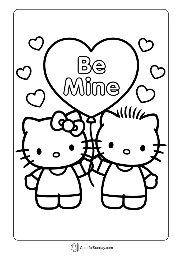 Hello Kitty and Dear Daniel hold a big heart balloon together on a Valentine's Day coloring page.