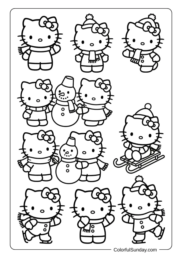 Hello Kitty coloring page showing winter fun activities