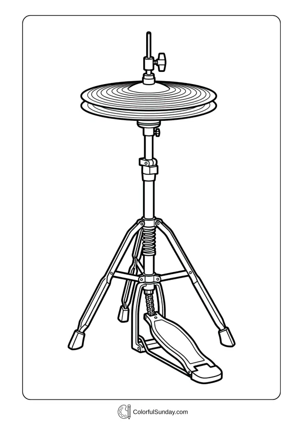 A coloring page showing hi-hat cymbal stand with foot pedal mechanism and paired cymbals in detail