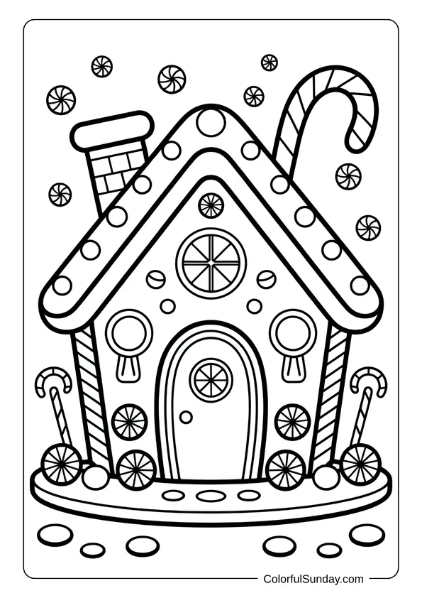 Peppermint candies decorate a gingerbread house with falling sweets in a playful coloring page.