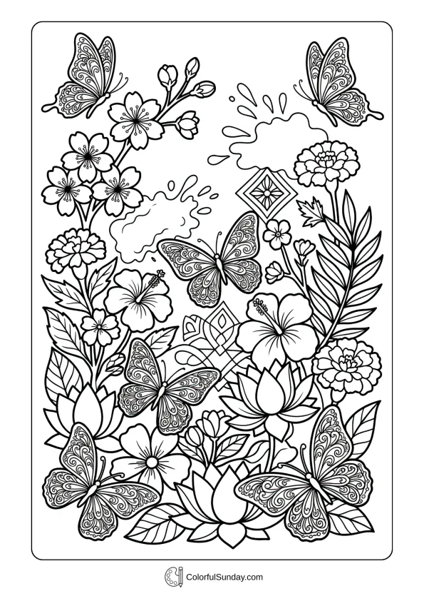 Butterflies flying among flowers representing spring arrival coloring page during Holi festival season