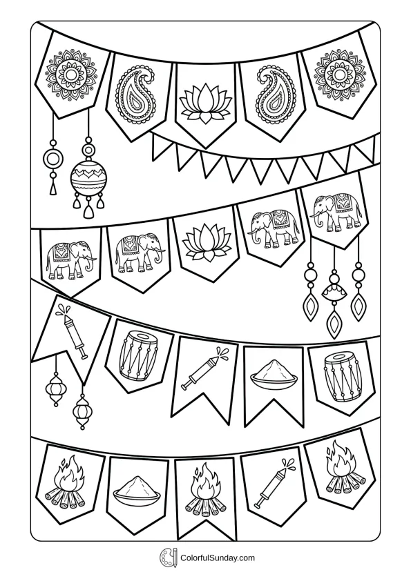 Festive banners and decorations coloring page with traditional Holi patterns and celebration symbols