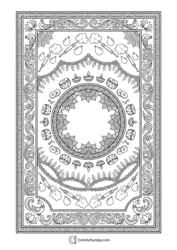 Decorative border patterns coloring page featuring traditional Holi symbols and festive celebration motifs