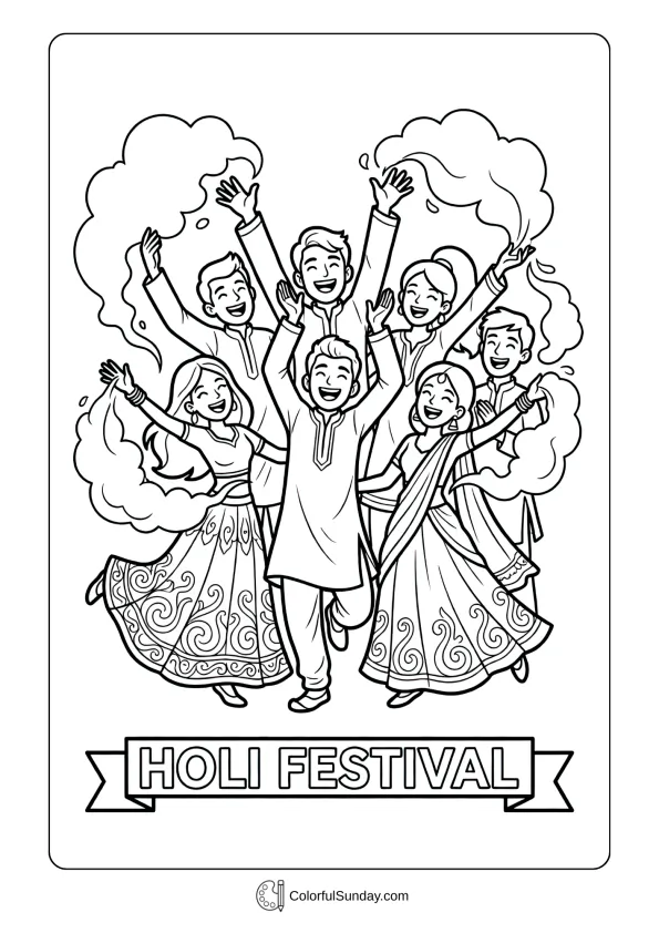 Friends throwing powder at each other during festive Holi celebration coloring page gathering