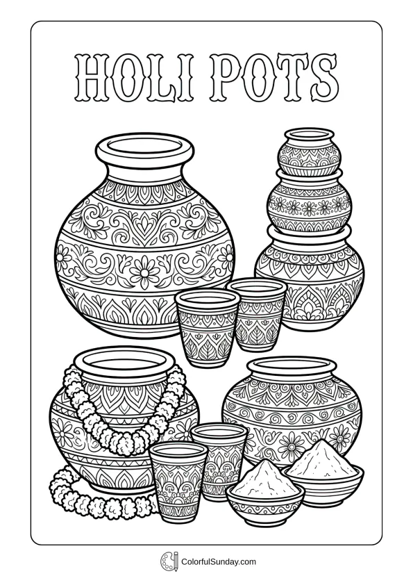 Traditional clay pots with ornamental designs coloring page used in Holi festival celebration