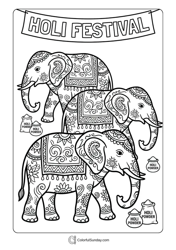 Decorated elephants with ornamental designs celebrating joyful Holi festival coloring page traditions
