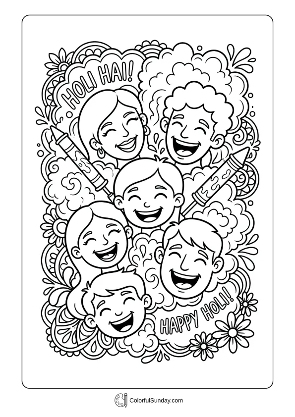 Joyful smiling faces expressing happiness coloring page during energetic Holi festival celebration time