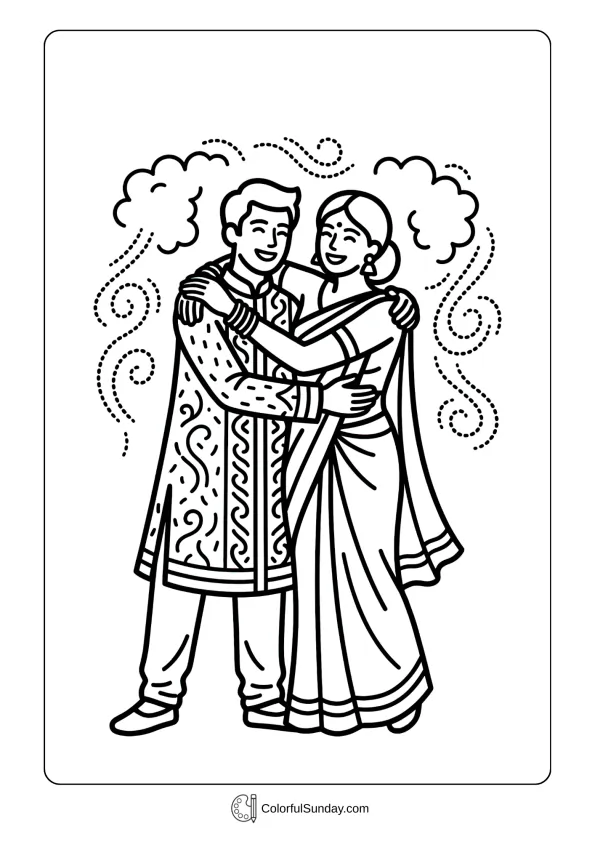 Best friends embracing and celebrating together coloring page during joyful Holi festival moment