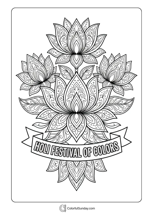 Sacred lotus flowers with intricate petals coloring page symbolizing purity during Holi festival