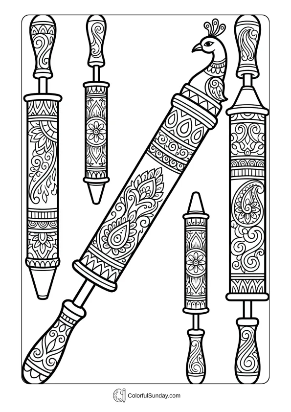 Decorative pichkari water guns coloring page with ornate patterns for Holi festival water play