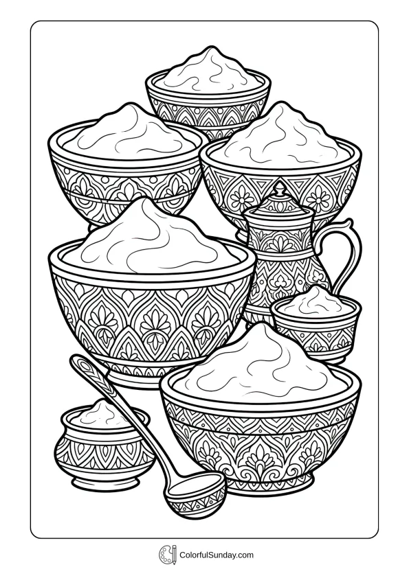 Decorative bowls filled with powder arranged beautifully coloring page for Holi festival celebration