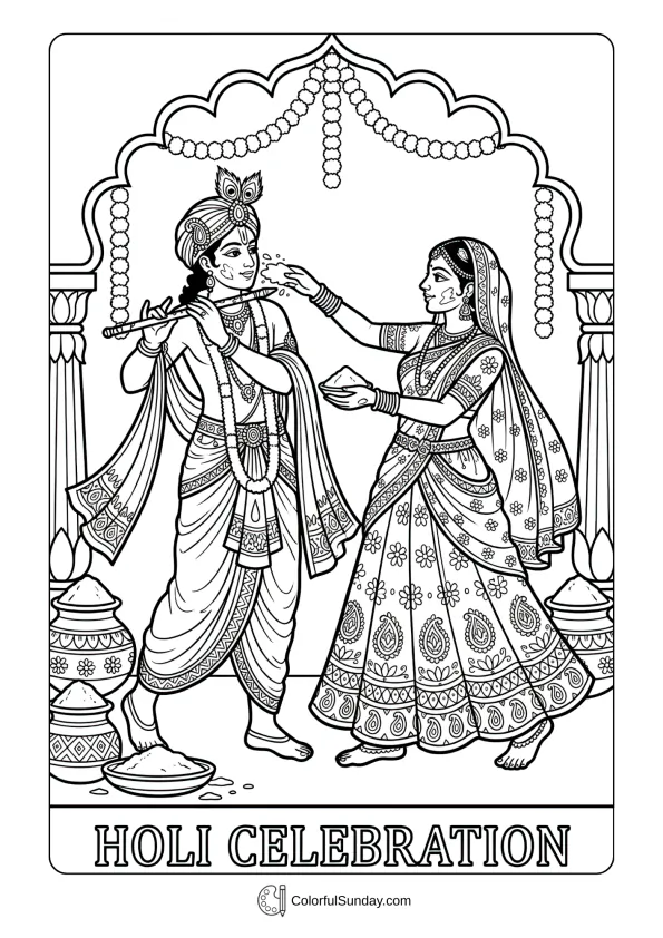 Radha and Krishna playing Holi together coloring page in traditional divine celebration scene