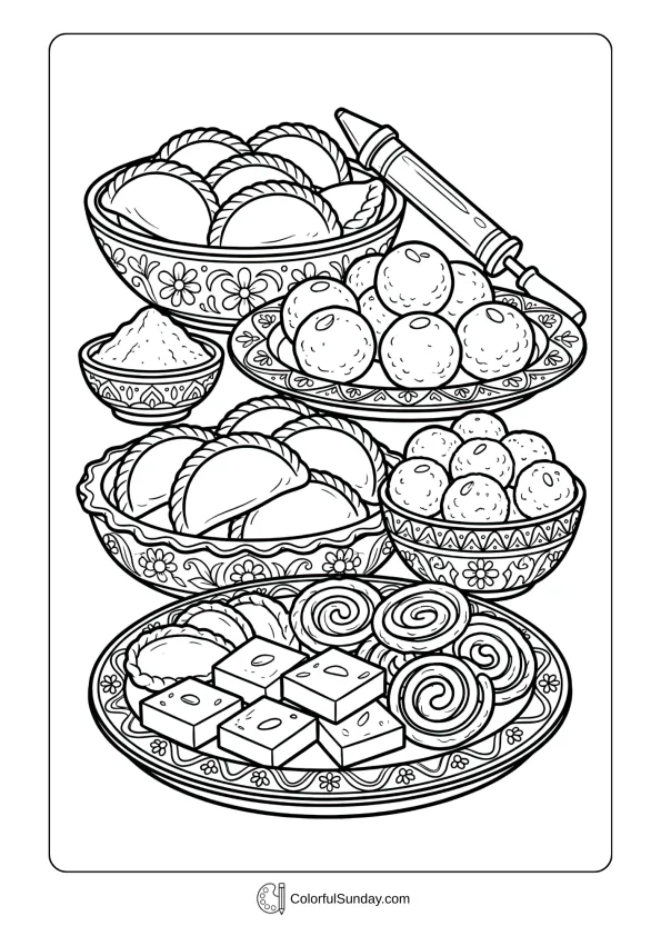 Traditional Holi delicacies coloring page including gujiya and other festive sweets on platters