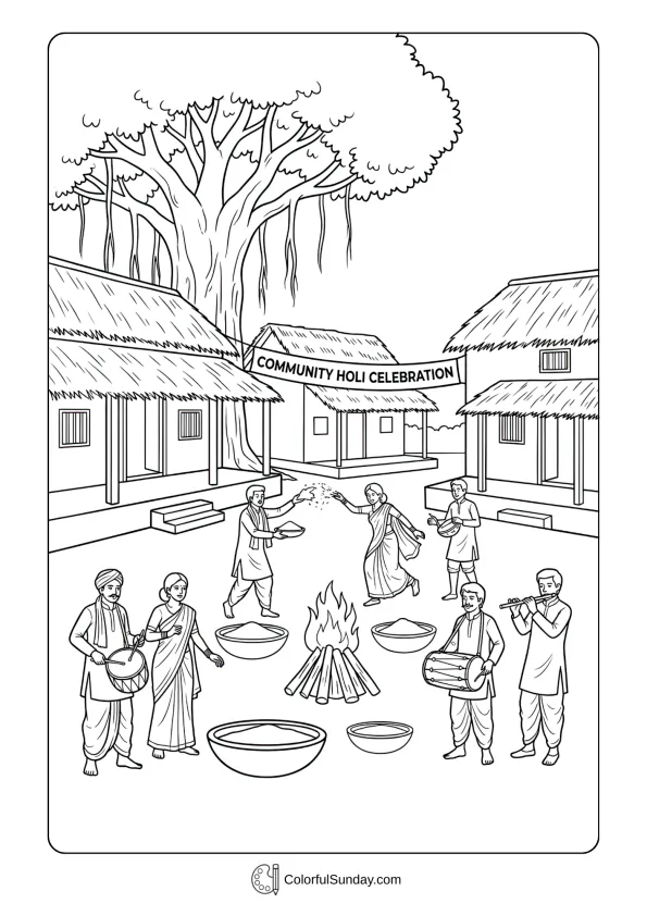 Traditional village homes with people celebrating community Holi coloring page festival gathering together