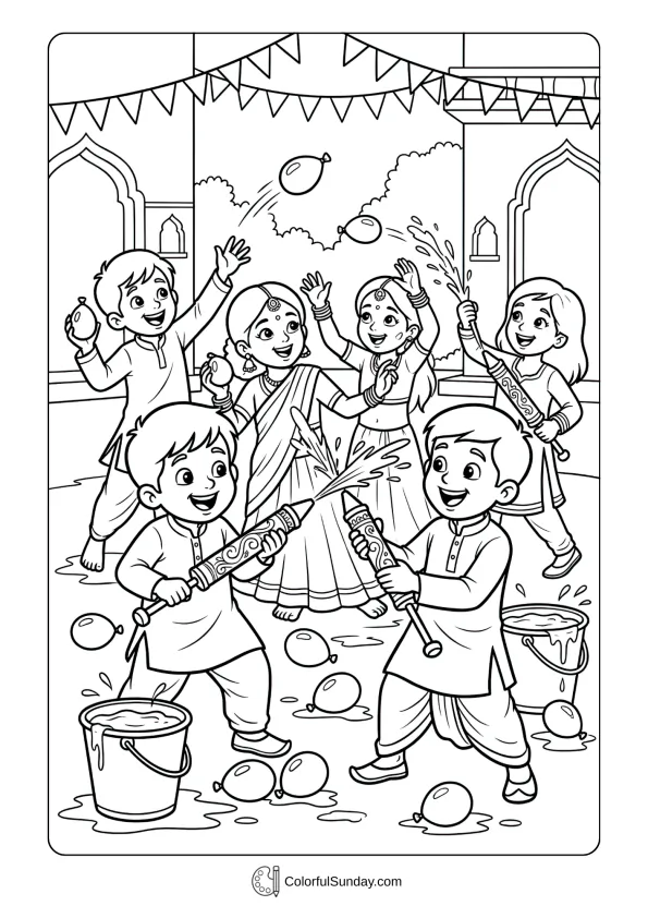 Kids playing with water balloons and pichkaris during exciting Holi festivities coloring page