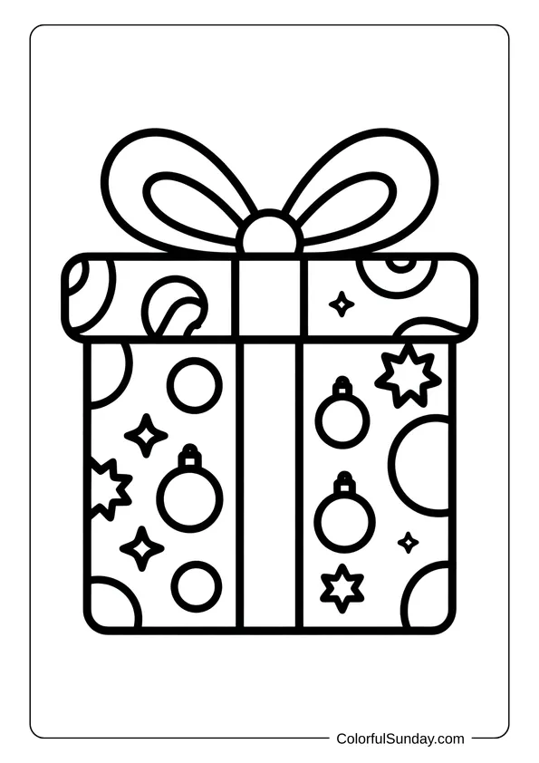 A Christmas present decorated with ornaments and stars sits ready for fun in this coloring page.