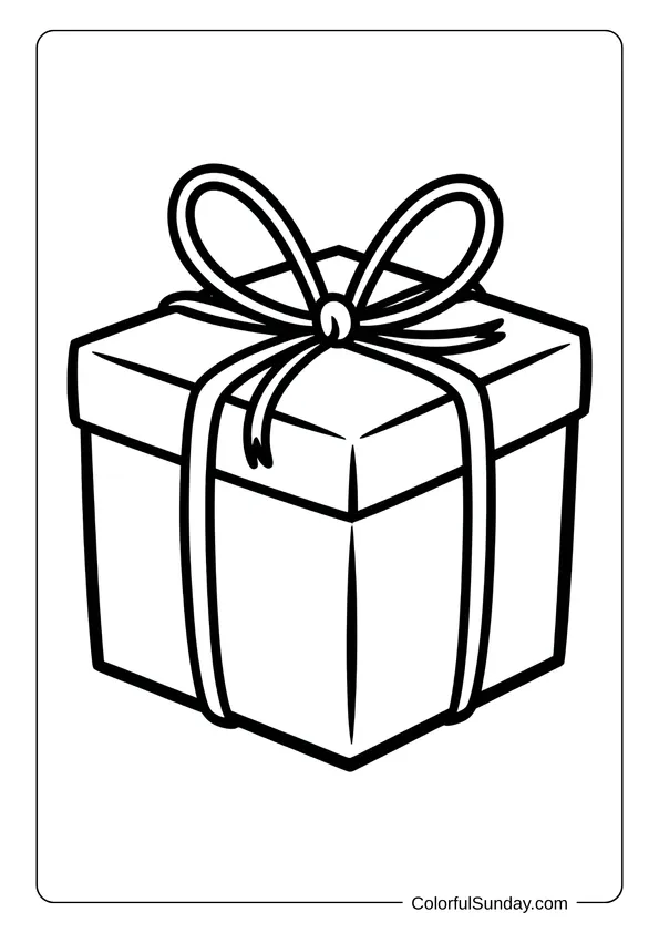 A Christmas present wrapped with a long ribbon appears ready for coloring fun on this page.