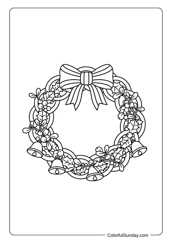 A coloring page of a holiday wreath with mistletoe and bells.