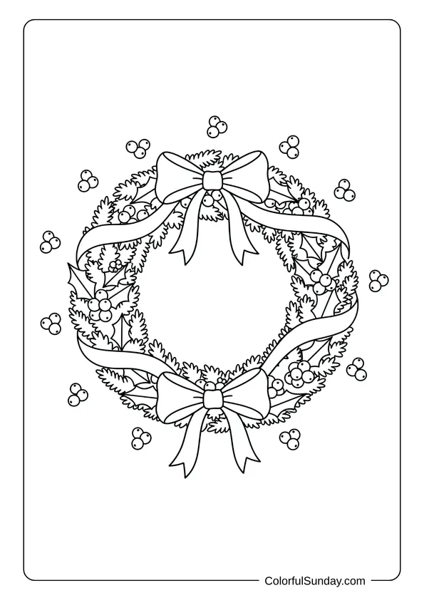 A coloring page featuring a Christmas wreath with holly berries and leaves.