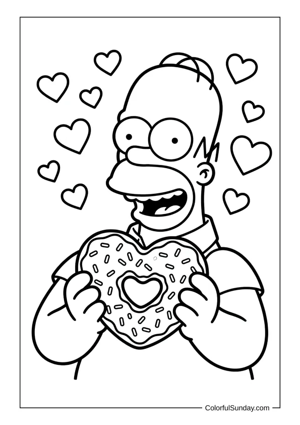 Homer Simpson holding heart donut in a coloring page