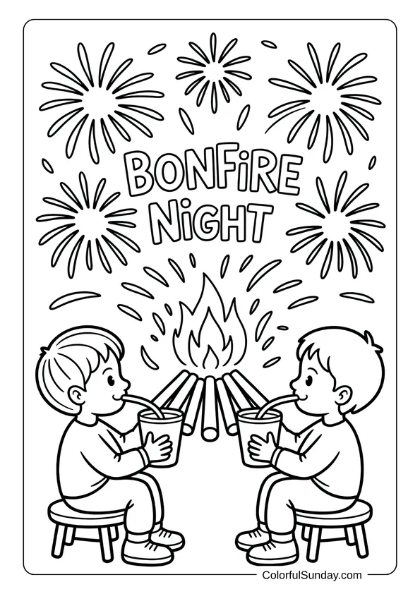 Two children drinking hot chocolate by a bonfire under bright fireworks in a Bonfire Night coloring page.